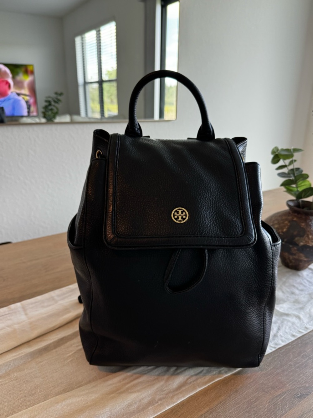 Tory Burch Black Pebbled Leather Backpack with Gold Logo